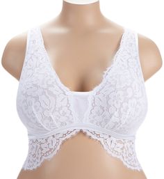 Magnolia blossom patterned lace covers this elegant, fresh-looking bra designed for special moments. Especially constructed for full busts that fit 30-40 bands and DD-H cups. Wireless triangle cups are lined with powermesh for supportive fit, with a vertical dart to give shape. Two-ply mesh inner support sling lifts from the side to position breast to front of cup and give it a more round shape. Neckline features a scalloped eyelash lace edge with sewn-on elastic for containment. Wide center fro Underwire Bra With Lace Bodice, Elegant Underwire Bra With Lace Bodice, Elegant Bra With Lace Bodice, Lace Bodice Bra For Weddings, Fitted Lace Bra With Lace Trim, Fitted Lace Bra With Medium Bust Support, Feminine Lace With Built-in Bra, Full Coverage Lace Wedding Bra, White Feminine Bra With Lace Closure