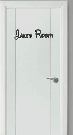 an open door with the words james room written in black on it's side