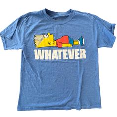 Show off your love for The Simpsons with this fun Bart Simpson "Whatever" t-shirt. Perfect for fans of the iconic show, this t-shirt features a laid-back Bart graphic that's sure to make a statement. Details: Brand: The Simpsons Size: XL (14/16) Color: Blue Material: 50% Polyester, 50% Cotton Condition: Good pre-owned condition with minimal signs of wear Measurements: Length: Approximately 25 inches (measured from shoulder to hem) Chest: Approximately 20 inches (measured from armpit to armpit) Features: Classic crewneck design Bart Simpson graphic with "Whatever" text on the front Soft and comfortable fabric blend Care Instructions: Machine wash cold Tumble dry low Do not bleach Funny Blue Graphic Print T-shirt, Funny Screen Print T-shirt For Fans, Novelty Fan Merchandise T-shirt With Letter Print, Funny Text Tops For Fan Merchandise, Blue Relaxed Fit T-shirt With Funny Text, Pop Culture T-shirt With Slogan, Novelty Short Sleeve T-shirt For Fan Merchandise, Blue Crew Neck Tops For Fan Conventions, Fan Apparel T-shirt With Funny Text