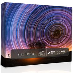 the star trails puzzle is shown in front of a night sky