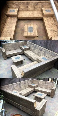 some wooden benches sitting on top of each other