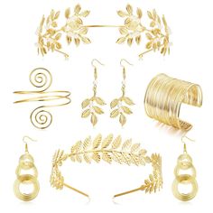 PRICES MAY VARY. ✨【Goddess Costume Accessories】: The toga costume jewelry set contains 2 pcs golden laurel leaf headband, 1 pcs coil cuff bracelet, 1 pcs gold arm cuff and 2 pairs golden dangle earrings. A nice goddess costume accessory that will make you feel like a real greek empress or princess. ✨【Greek Goddess Costume Women】: These Greek goddess accessories are designed according to bay leaves and gold. beautiful and exquisite in appearance, showing noble and elegant, it is a good choice whe Goddess Costume Accessories, Grecian Goddess Costume, Toga Costume, Toga Party, Ancient Greek Jewelry, Arm Bracelets Upper, Leaf Headpiece, Greek Goddess Costume, Grecian Goddess