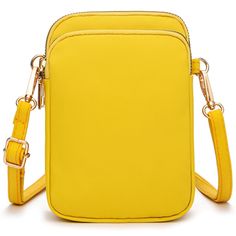 a small yellow cross body bag on a white background with the strap down to it's side