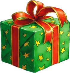 a green gift box with red ribbon and gold stars on the top, sitting in front of a black background