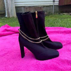 Fashion Nova Booties Size 10 Zip Up With Little Gold Chains Like New, Never Worn Besides Try Ons Party Boots With Chain Strap For Fall, Chain Boots For Party In Fall, Chain Boots For Fall Party, Fall Party Boots With Chain Strap, Trendy Party Boots With Chain Detail, Trendy Chain Boots For Party, Black Boots With Chain Strap For Fall, Party Boots With Chain Detail, Chic Black Boots With Chain Detail