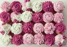 cupcakes with pink and white frosting are arranged in the shape of a flower