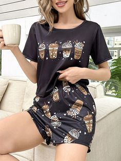 Black  Collar Short Sleeve  Cartoon Short Sets Embellished Slight Stretch All Women Sleep & Lounge Womens Pajamas Set, Cute Nightwear Shorts, Coffee Pjs, Cute Pjs For Women, Casual Sleepwear, Day Clothes, Cup Print, Stylish Pajamas, Cute Pjs