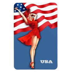 a woman in a red dress is holding an american flag on a blue and white background