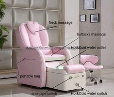 an image of a pink chair and ottoman with parts labeled in english on the side