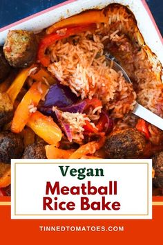 vegan meatball rice bake in a red and white bowl