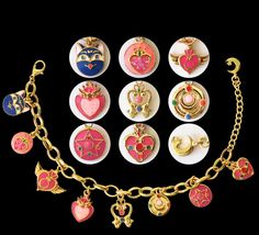 an assortment of jewelry is displayed on a black background