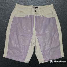 New Without Tags Cardi B Denim Bermuda Shorts With Leather Design On Front Color White & Lilac Purple Brand Fashion Nova Cardi B Size X-Small White Y2k Bottoms For Summer, White Y2k Bottoms For Spring, Trendy Fitted Jean Shorts For Streetwear, Y2k White Bottoms For Spring, White Y2k Spring Bottoms, Y2k Style White Bottoms Short Length, Y2k Style White Short Bottoms, Y2k Style White Short Length Bottoms, Fitted Jean Shorts For Streetwear In Spring