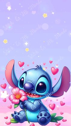 a cartoon character holding a flower on top of a pink background with hearts and stars