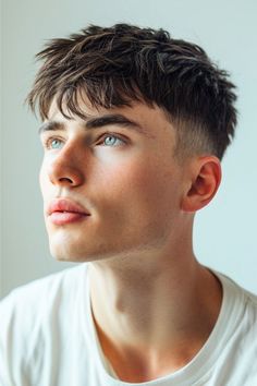 This short hairstyle is all about letting your personality shine through a modern bowl cut. The hair is cut shorter on the sides while the top is left with a bit more length, allowing those natural waves to fall casually across the forehead. Click here to see more modern short hairstyles for men. Men Hairstyle Short Sides Long Top, Men's Fringe Hairstyles, Long On The Top Short On The Sides Men, Short Hair Long Top, Short Edgy Hairstyles Men, Shorter Haircuts For Men, Side Fringe Hairstyles Short, Short Sides Medium Top Hair Men