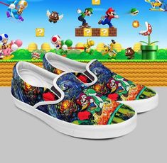 a pair of shoes that are painted with mario and luigi's characters on them