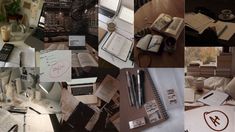 a collage of photographs with notebooks, books and other things on the table