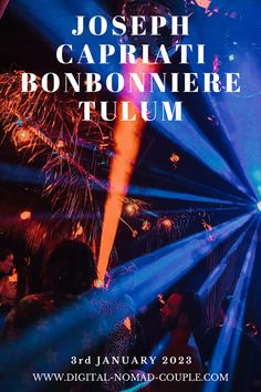 an event poster with fireworks in the sky and people standing around on the dance floor