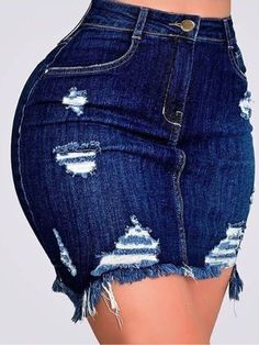 Denim Bodycon Skirt, Ripped Denim Skirts, Style Bleu, Rok Mini, Moda Denim, Denim Outfits, Blue Denim Skirt, Distressed Denim Skirt, Skirt Denim