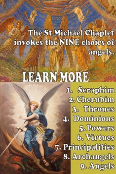 an advertisement for the saint michael chaplet in front of angels with text that reads learn more