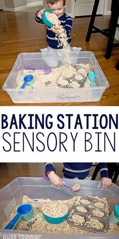 a boy in blue shirt playing with food and making station for sensory bins