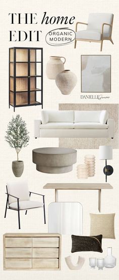 the interior design mood board with white furniture and accessories