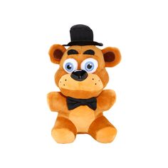 a brown teddy bear wearing a top hat and bow tie with eyes wide open on a white background