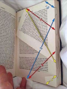 someone is reading a book with arrows on the pages and pointing them in different directions