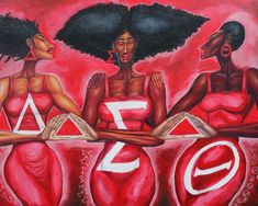 three black women with afro hair sitting at a table in front of a red background