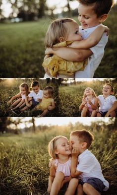 two young children are hugging each other in the grass and one is holding another child