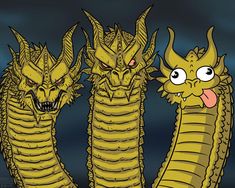 three yellow dragon like creatures standing next to each other in front of a dark sky