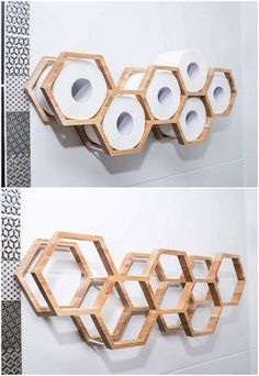 three different views of toilet paper holders on the wall and in the bathroom, one is shaped like hexagonal cubes