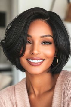 Save this pin for the best bob haircuts for thick hair. The length of this sleek bob keeps the hair feeling full without overwhelming the face, giving it a balanced, elegant look. The side part adds a flattering asymmetry. Medium Length Hair For Black Women, Full Short Hairstyles, Bob Wig Styles For Black Women, Black Female Haircut, Bob With Center Part, Bob For Oval Face Shape, Black Hair Bobs, Short Side Part Bob, Cute Bobs For Black Women