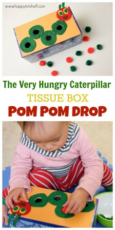 the very hungry caterpillar tissue box pom pom drop craft for toddlers