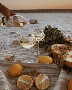 someone is pouring wine into a glass on the beach with oranges and lemons