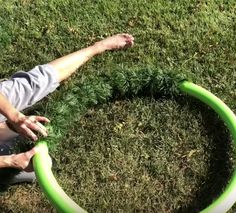 a man sitting in the grass with a green and white frisbee around him