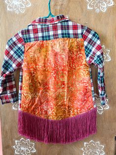 Hippie batik mixed print fringe kids upcycled plaid flannel size 4/5 #oneofakind #handmade #kidsclothing #upcycled #patchwork #plaid #flannel #fall #winter Hippie Kids, Bohemian Woman, Embroidered Tops