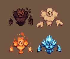 four pixel art pieces, each with different types of characters and shapes in the background