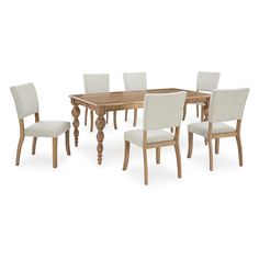 a wooden table and chairs with white upholstered chairs on the bottom row, in front of a white background