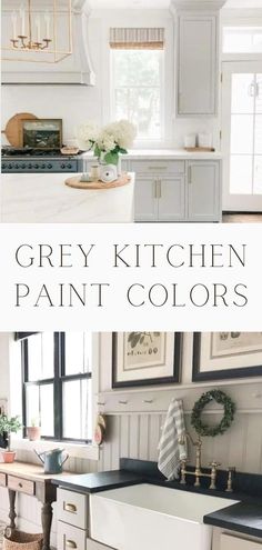 grey kitchen paint colors with white cabinets and black countertops in the center, on top of