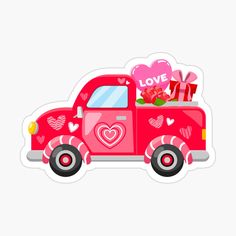 a red truck filled with lots of valentine's day gifts sticker on a white background