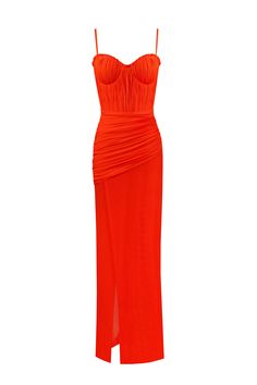 Flamboyant coral bustier maxi dress Milla Dresses, Red Slip Dress, Maxi Dress Collection, Designer Maxi Dress, Dress Weights, Detachable Sleeves, Full Length Skirts, American Fashion Designers, Bustier Dress