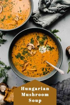 two bowls of hungarian mushroom soup on a table