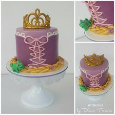 the cake is decorated with purple icing and gold trimmings, along with a crown on top