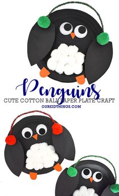 paper plate penguin craft with cotton balls and pom poms on the nose for kids to make