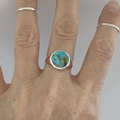 Sterling Silver Round Genuine Turquoise Ring, Silver Ring, Statement Ring, Boho Ring Bezel Ring, Ring Ideas