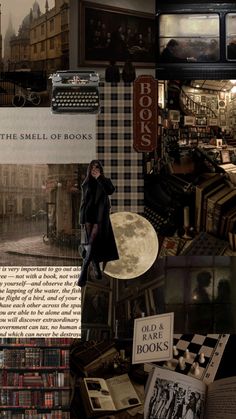 a collage of books and pictures with an old typewriter