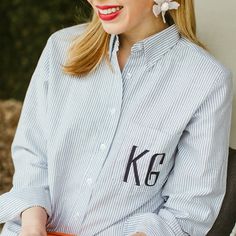 Inspired by the classic Oxford, our Katie Kime Charlotte Button Down shirt is a staple for all seasons. This best seller features a button-down collar, front button placket closure, and an oversized pocket. Our custom-milled cotton-blend fabric gets softer with every wear. Katie Kime, Monogram Shirts, Embroidered Clothes, Box Pleats, Oxford Shirt, Color Stripes, Embroidered Shirt, Lifestyle Brands, Best Seller