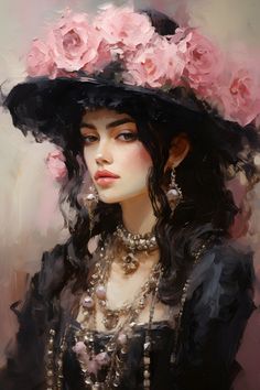 a painting of a woman wearing a black hat with pink flowers on it's head