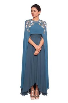 Shop for Salt and Spring Blue Georgette Asymmetric Gown With Embellished Cape for Women Online at Aza Fashions Asymmetric Gown, Teal Gown, Gown With Cape, Gowns Blue, Cape For Women, Indian Designers, Cape Gown, Elegant Outfit Classy, Top Indian