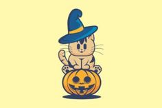 a cat sitting on top of a pumpkin wearing a witches hat